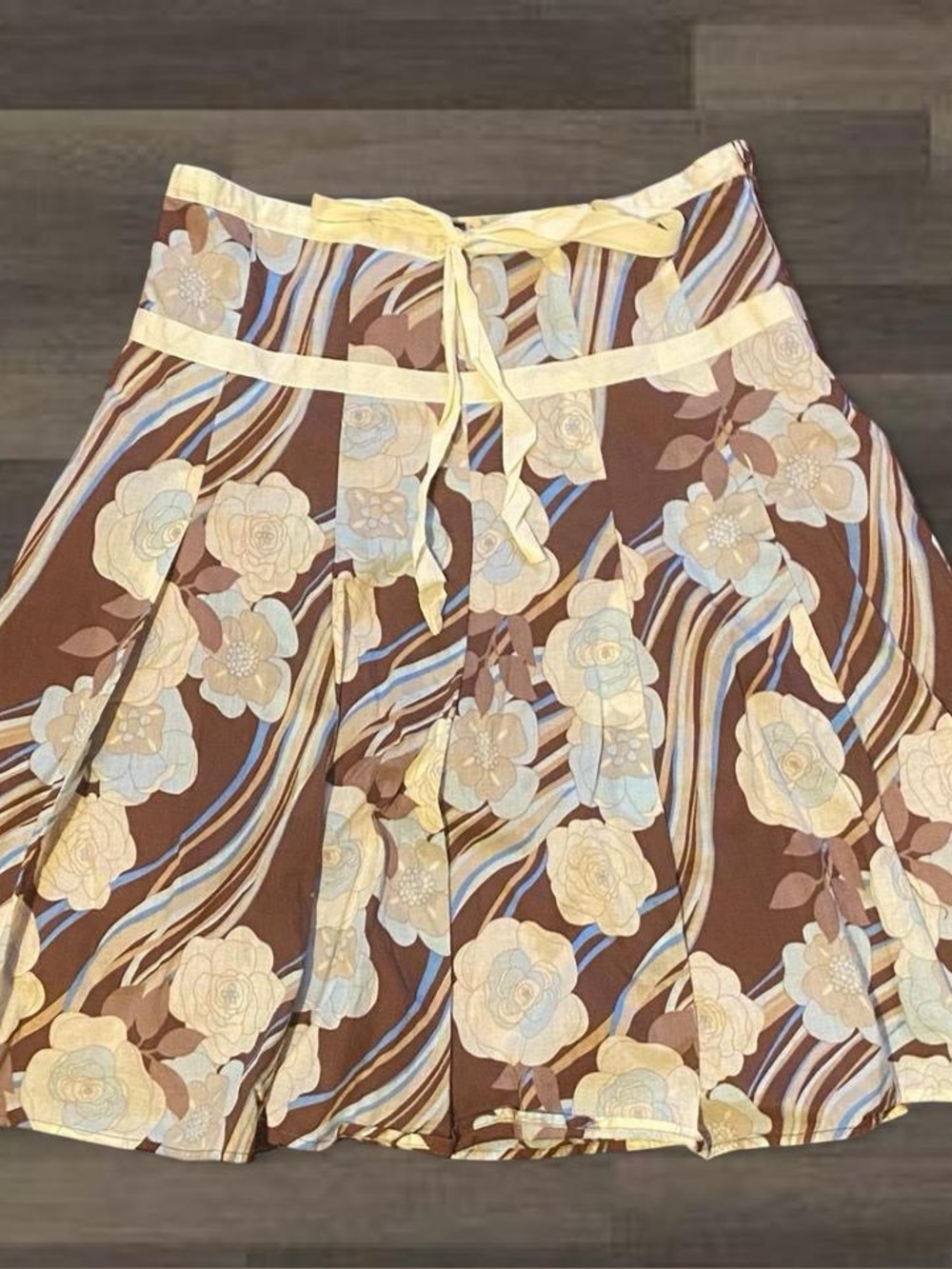 Brown Floral Midi Skirt with Cream Waist Tie